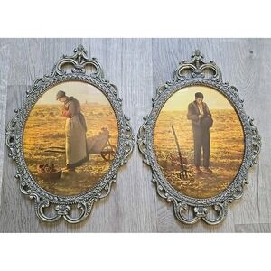 Pair Vintage "The Angelus" Jean Francois Millet Farmer/Wife Convex Glass 17X12